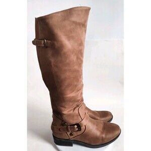 Baretraps Yanessa Size 6.5 Knee High Camel Tan Faux Leather Flat Riding Boots